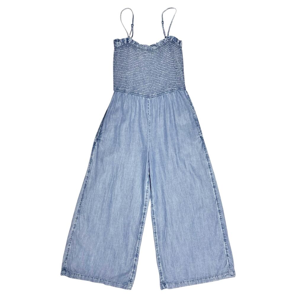 AARON & AMBER Smocked Tencel Chambray Wide-Leg Jumpsuit Ruffle Detail Size L
